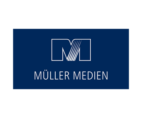Logo von Müller Medien auf blauem Hintergrund