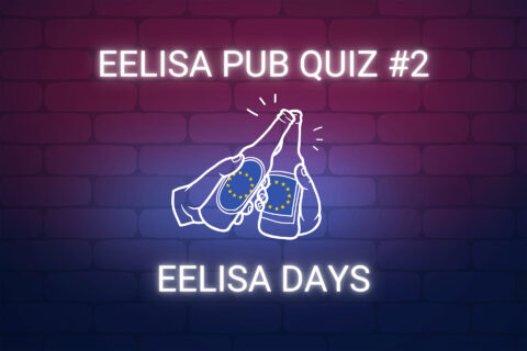 Eine Grafik zeigt zwei Bierflaschen, die anstoßen. Darüber und darunter steht: "EELISA Pub Quiz. EELISA Days"