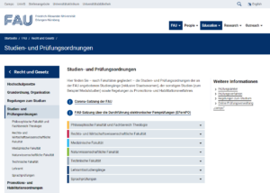 Screenshot of the website listing degree program and examination regulations