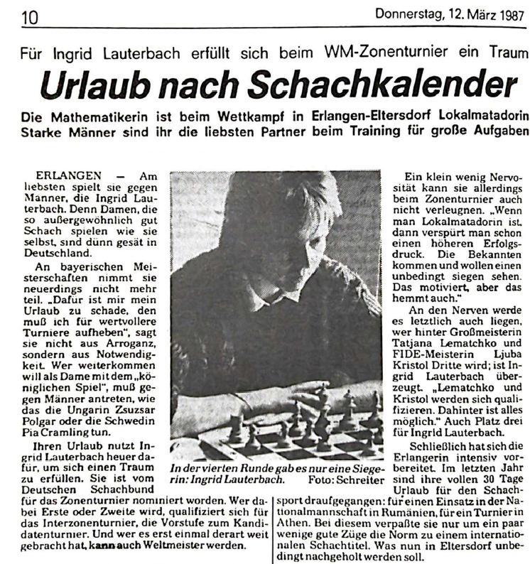 Report from the Erlanger Nachrichten about Ingrid Lauterbach and the zone tournament in Erlangen-Eltersdorf. (Image: Erlanger Nachrichten, Screenshot: FAU)