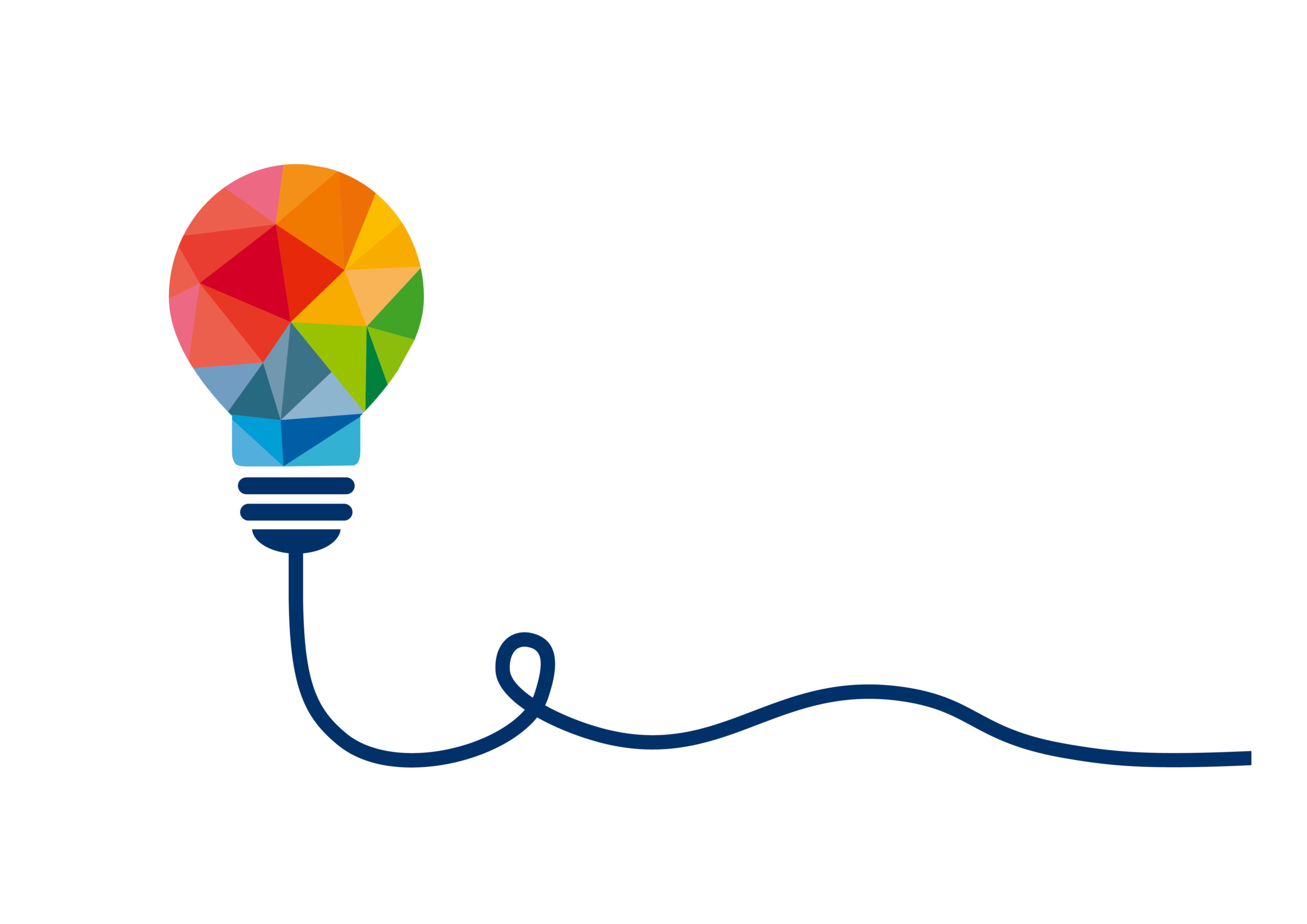 Grafik einer Glühbirne mit langem Kabel. Die Glühbirne besteht auf vielen bunten Dreiecken.