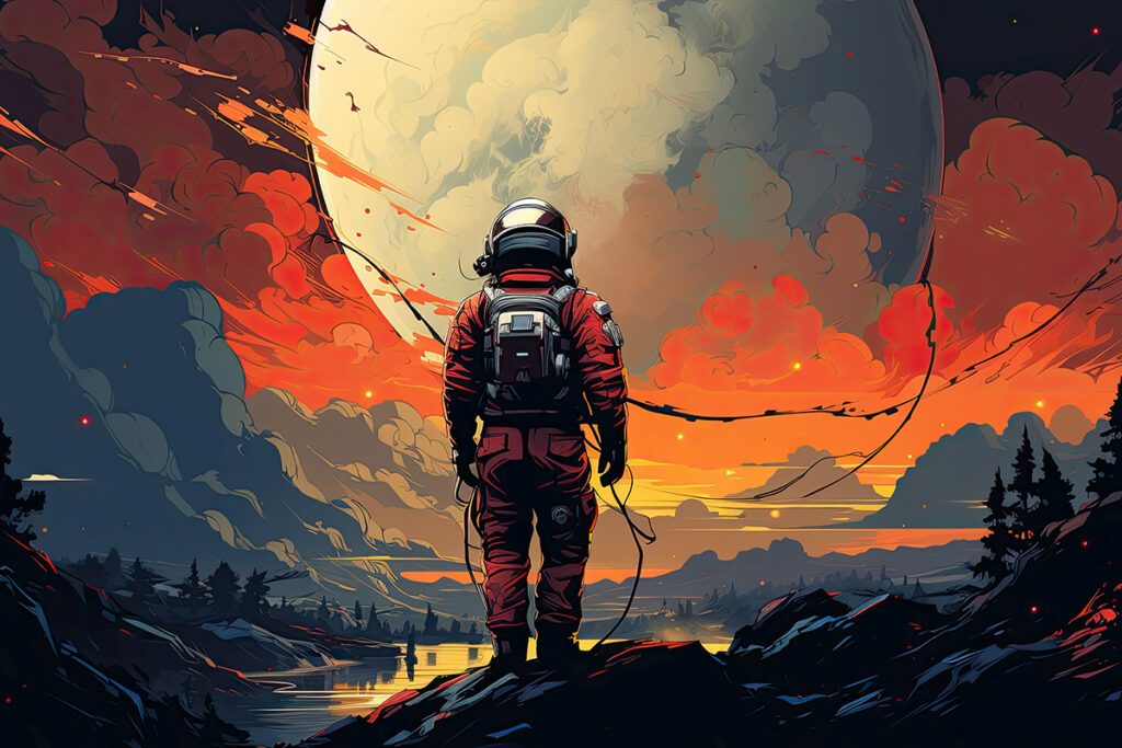 Illustration eines Astronauten auf einem Science-Fiction-Planeten