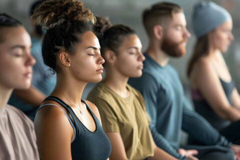 Menschen machen Yoga und sitzen entspannt mit geschlossenen Augen (Das Bild ist KI generiert)