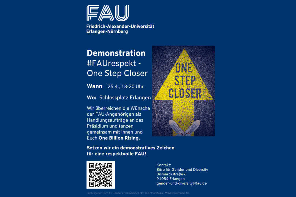 Plakat für die Demonstration #FAUrespekt – One Step Closer am 25. April 2024 ab 18 Uhr vor der Friedrich-Alexander-Universität Erlangen-Nürnberg