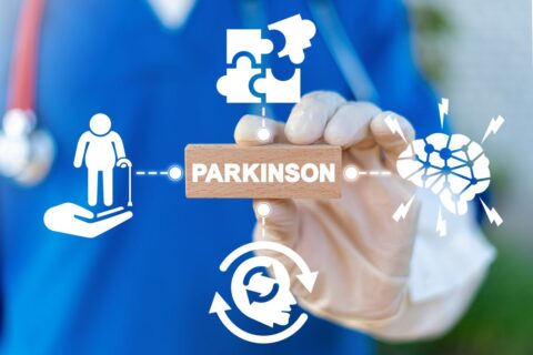 Parkinson auf Holzschild, Gehirn, Mensch mit Stock, Puzzelteil