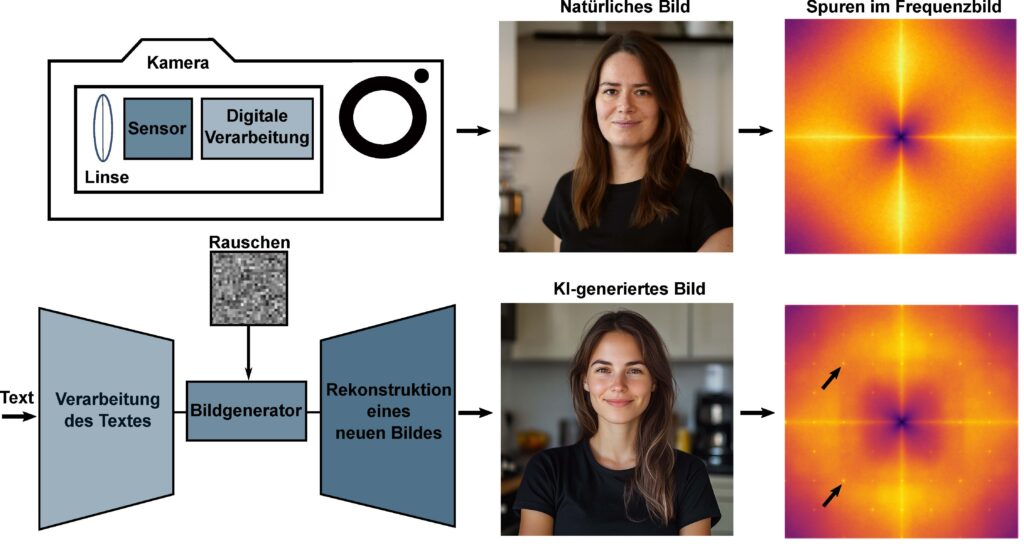 Grafik zeigt, wie ein Bild mit der Kamera entsteht und wie ein KI generiertes Bild entsteht und wie dei Spuren aussehen, die bei einem KI-Bild entdeckt werden können.