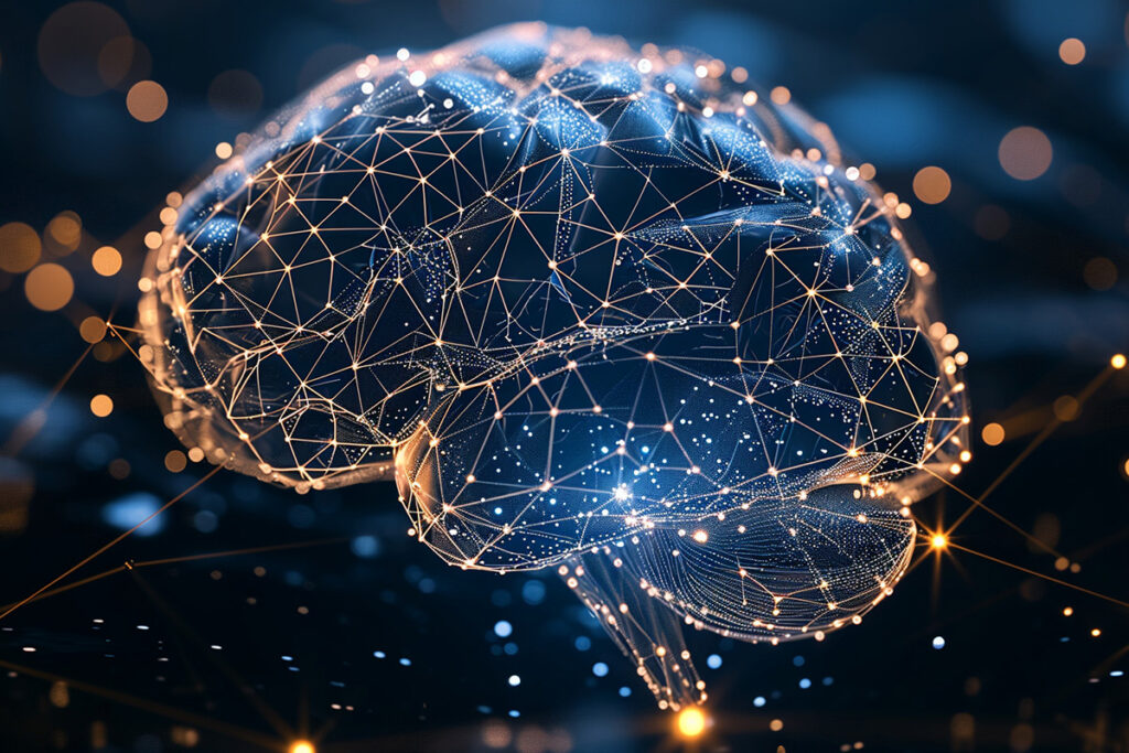 Computergeneriertes Bild eines menschlichen Gehirns, das die komplizierten Verbindungen des neuronalen Netzes offenbart