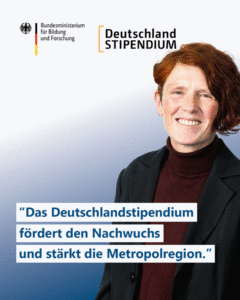 Plakat mit Bild von Sandra Kuhnke und der Aufschrift "Das Deutschlandstipendium fördert den Nachwuchs und stärkt die Metropolregion"