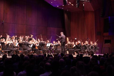 Ein Orchester spielt auf einer Bühne. Mittig vor dem Orchester steht der Dirigent.