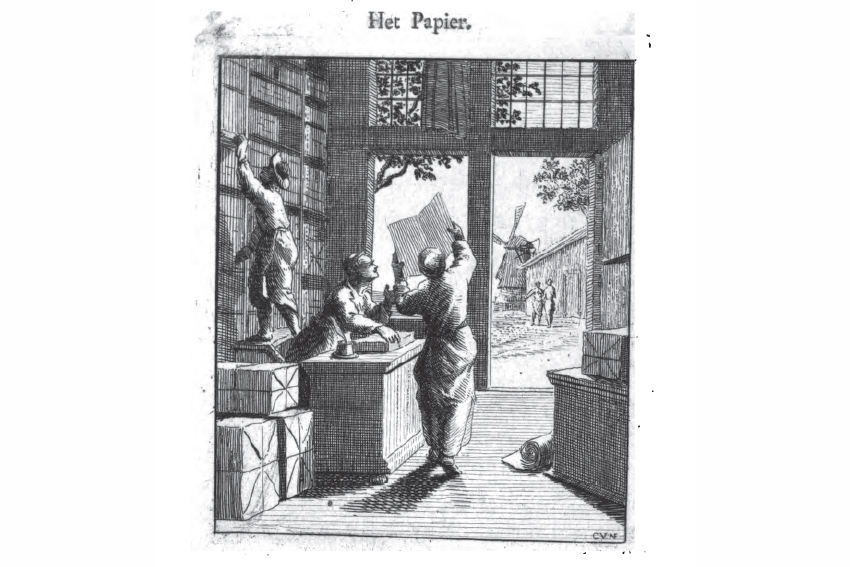 Kupferstich zeigt Begutachtung von Papier