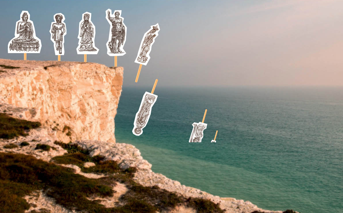 Klippe, von der Papierversionen historische Persönlichkeiten ins Meer stürzen