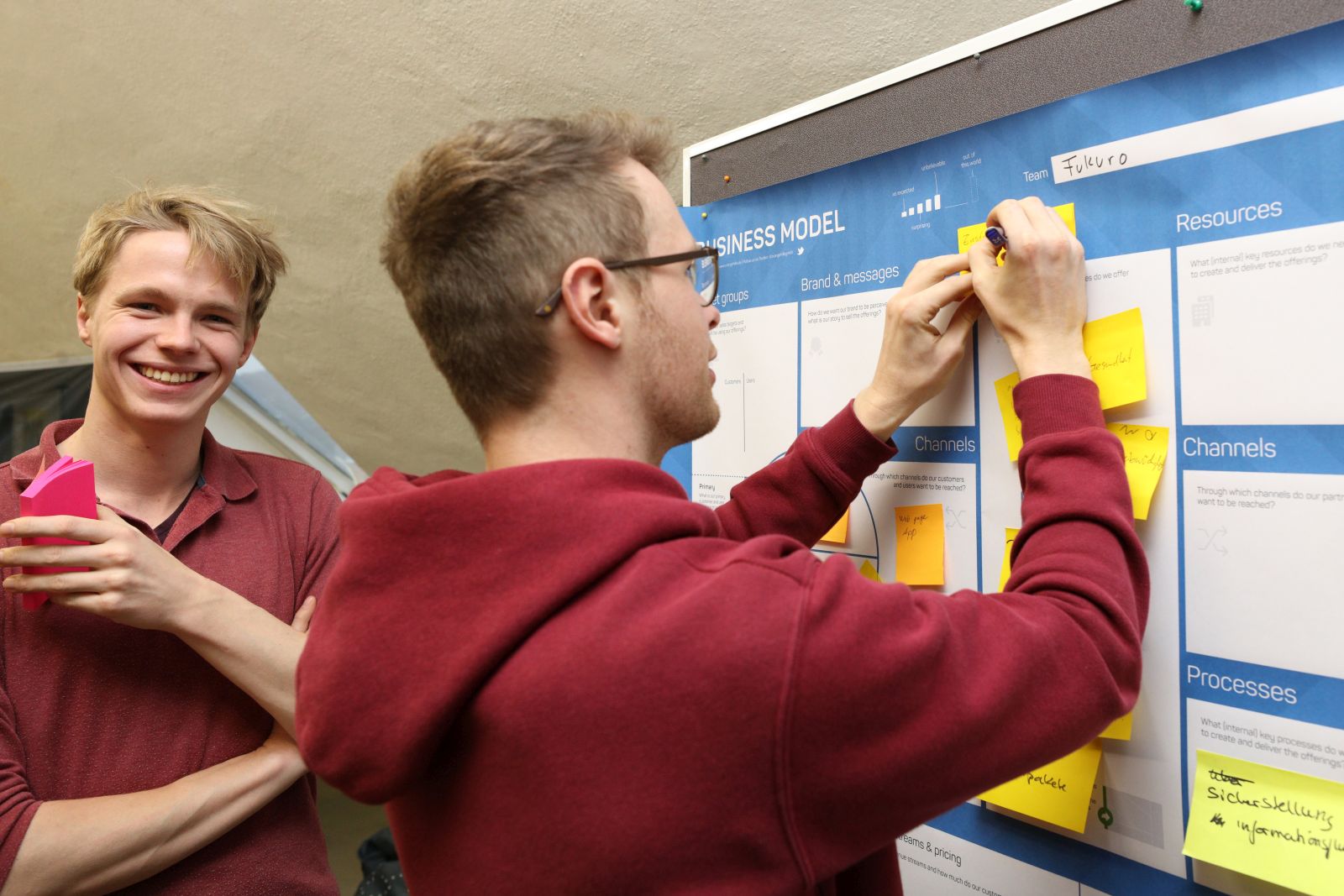 Studenten kleben Post-its an Businessplan