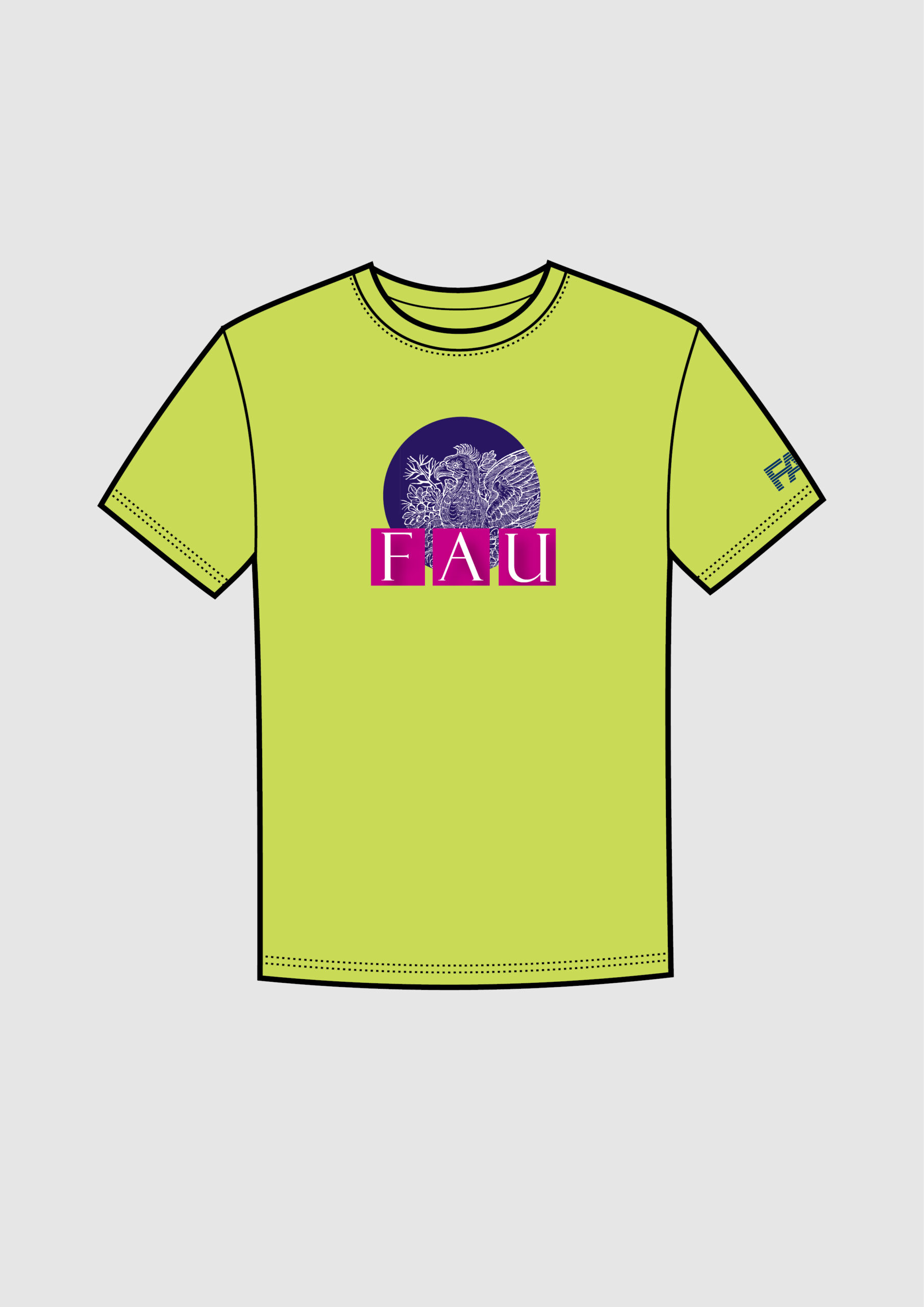 Hellgrünes Shirt FAU-Schriftzug in pink und im hintergrund ein blauer Pfau