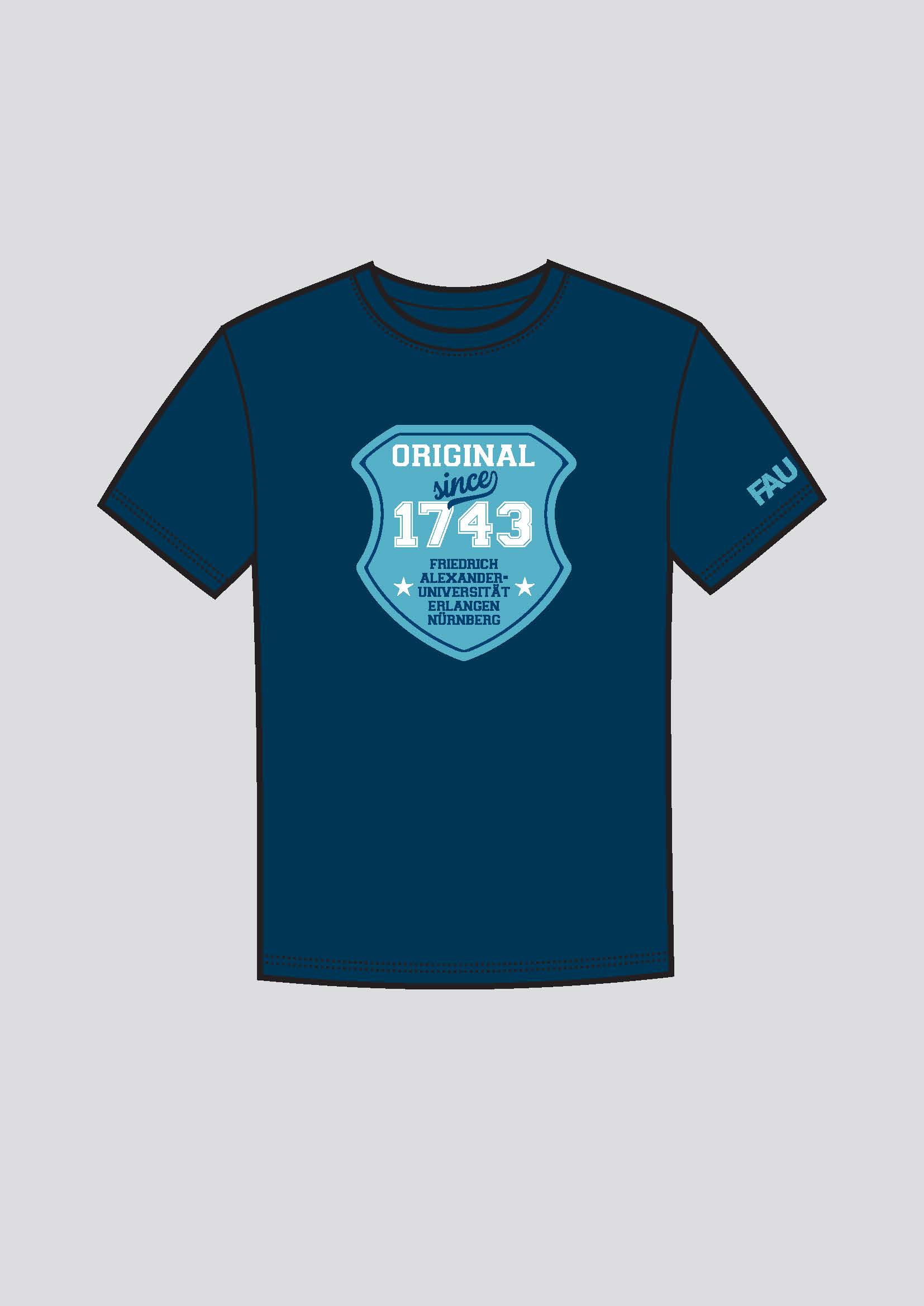 dunkel-blaues Shirt mit türkisenem Schild, in welchem in College-Style das Gründungsdatum so wie der Name der FAU abgebildet sind