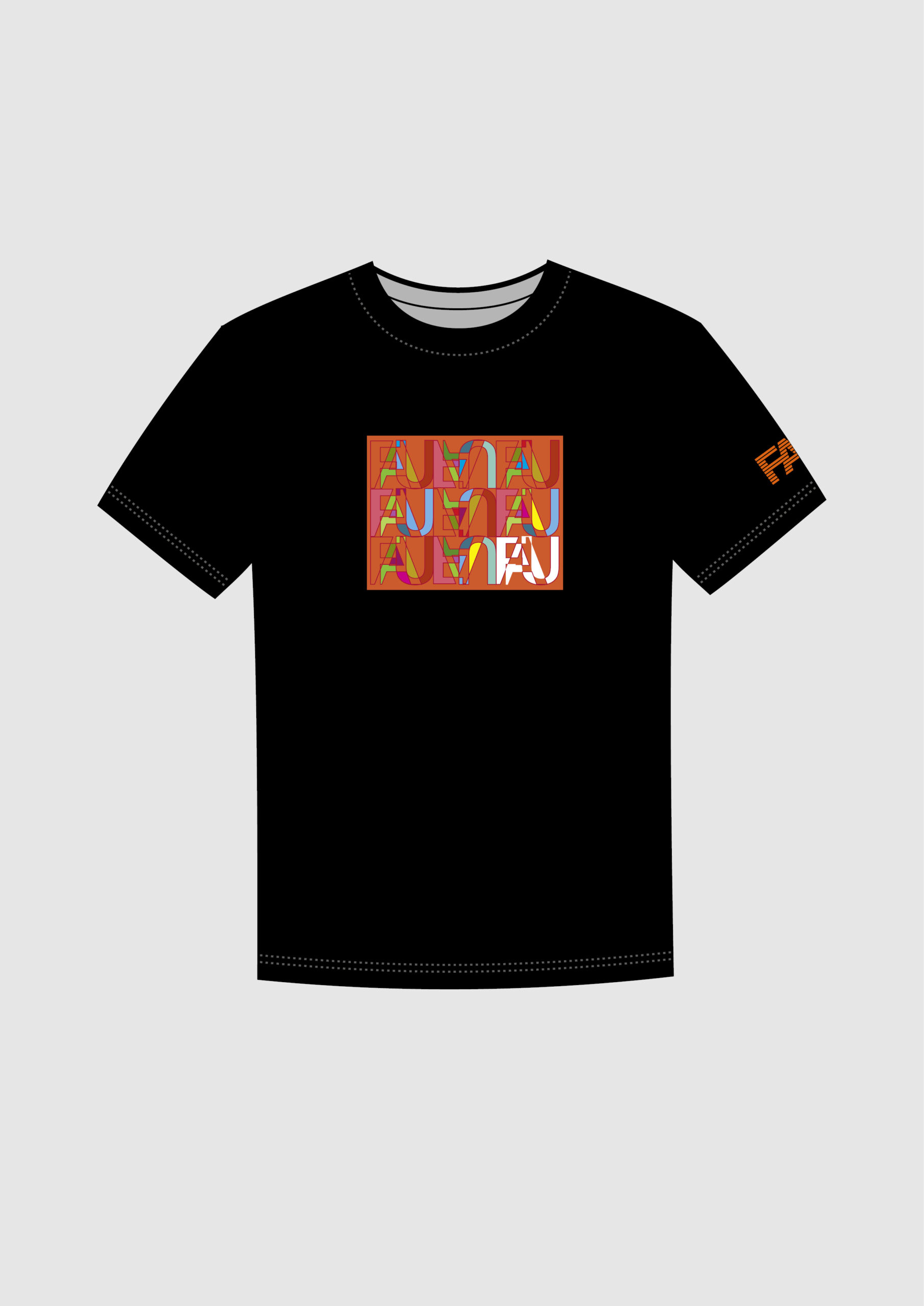 schwarzes Shirt, auf dem in roter rechteckiger Form FAU aufgestempelt ist