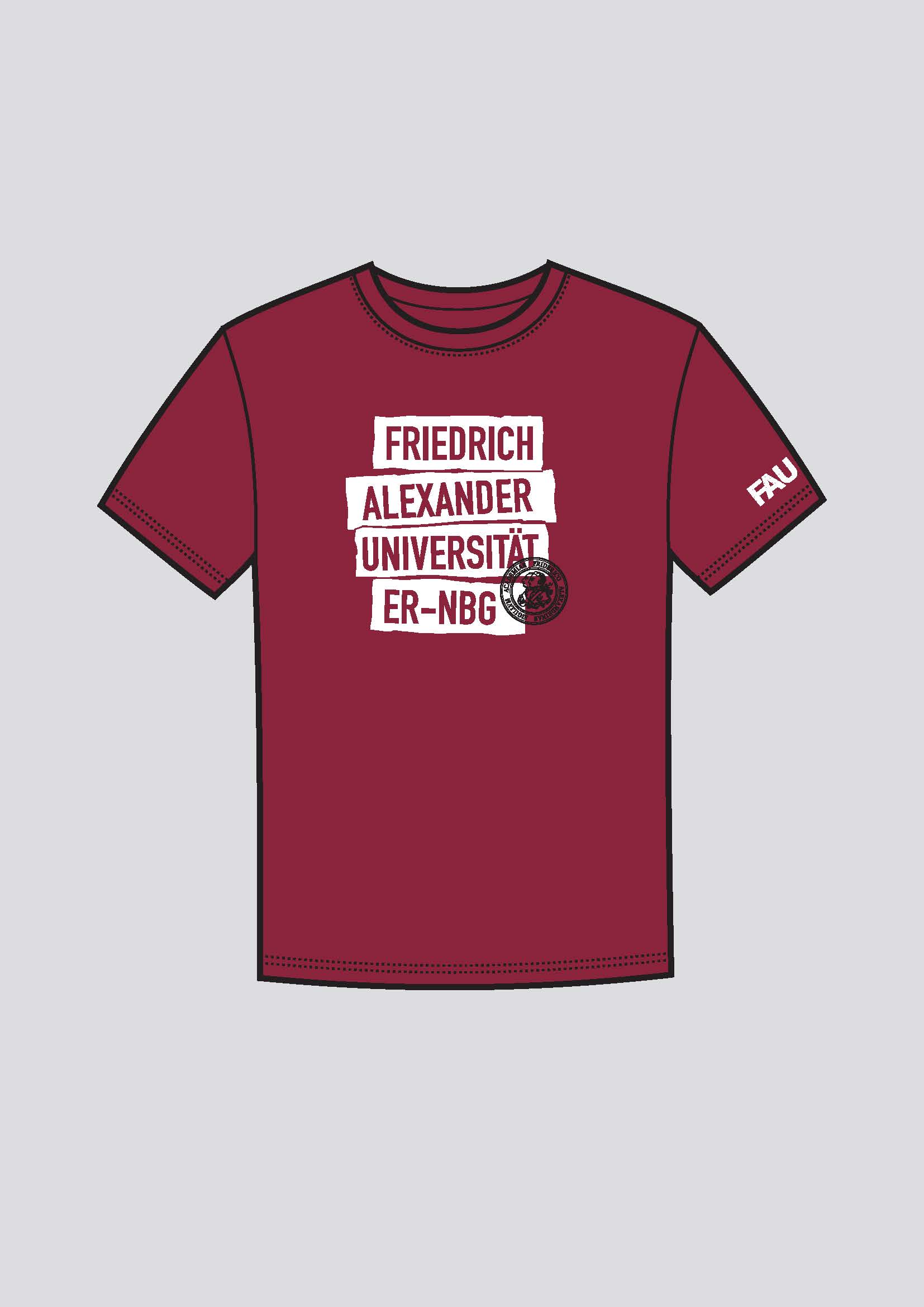 Dunkel-rotes Shirt mit weiß-markiertem Schriftzug, der Friedrich-Alexander-Universität ER-NBG lautet
