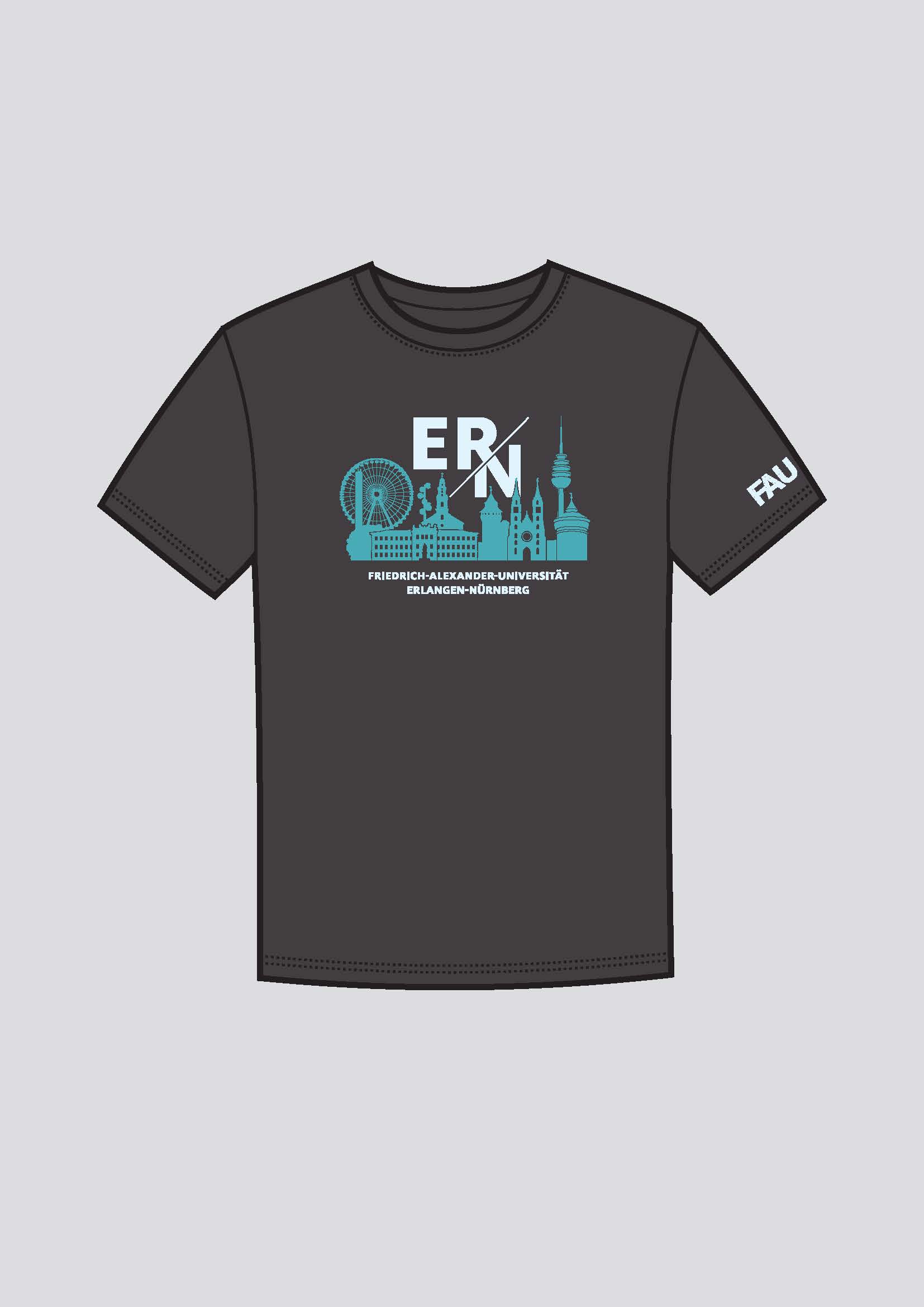 dunkel-graues Shirt mit einer blauen Skyline von Erlangen und Nürnberg und einem weißen Aufdruck mit ER/N - die Abkürzung für Erlangen/Nürnberg