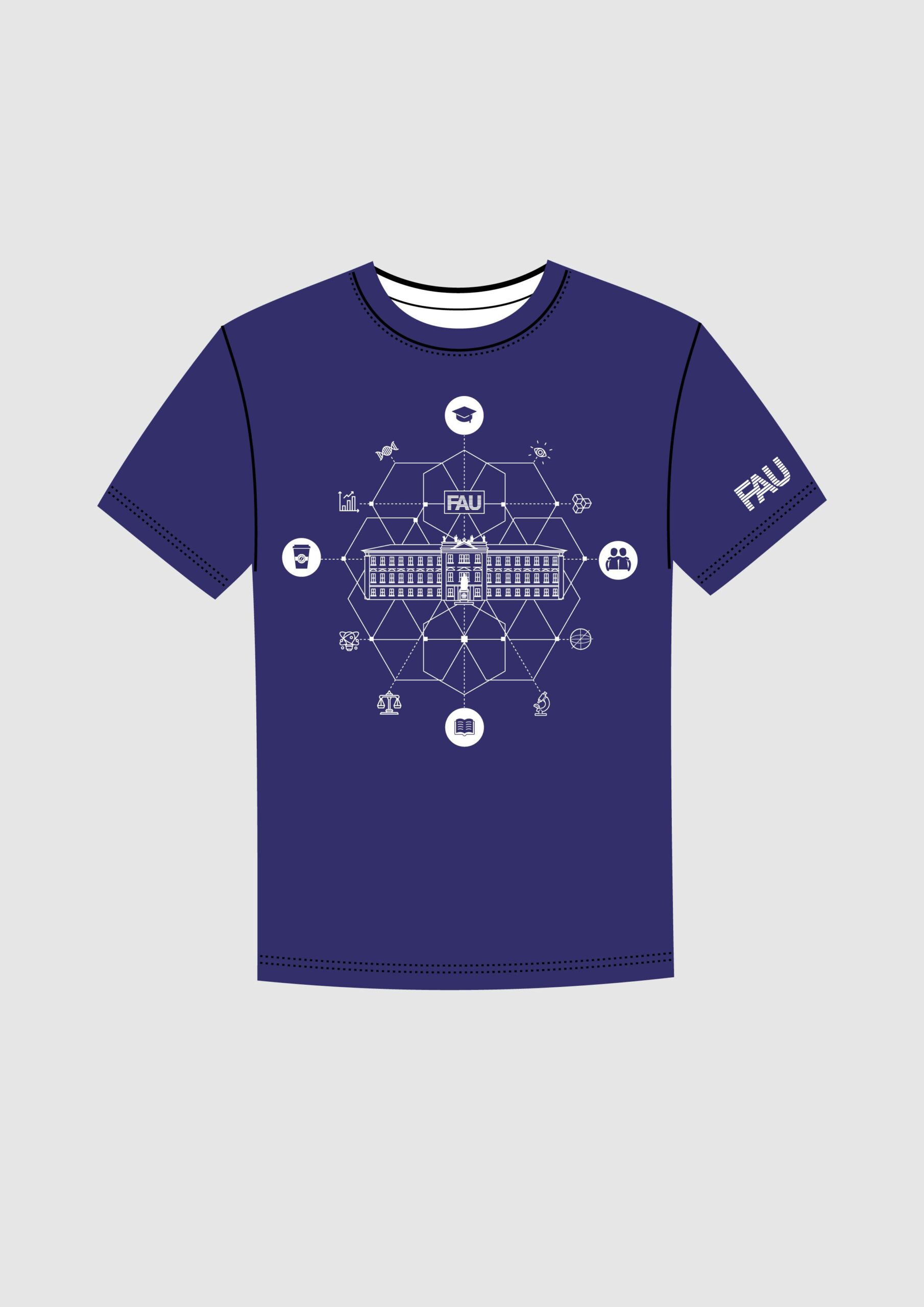 dunkel-blaues Shirt mit dem Erlanger Schloss in weiß und vielen kleinen weißen Symbolen, die die FAU und ihre Fakultäen und Fächer verbildlichen