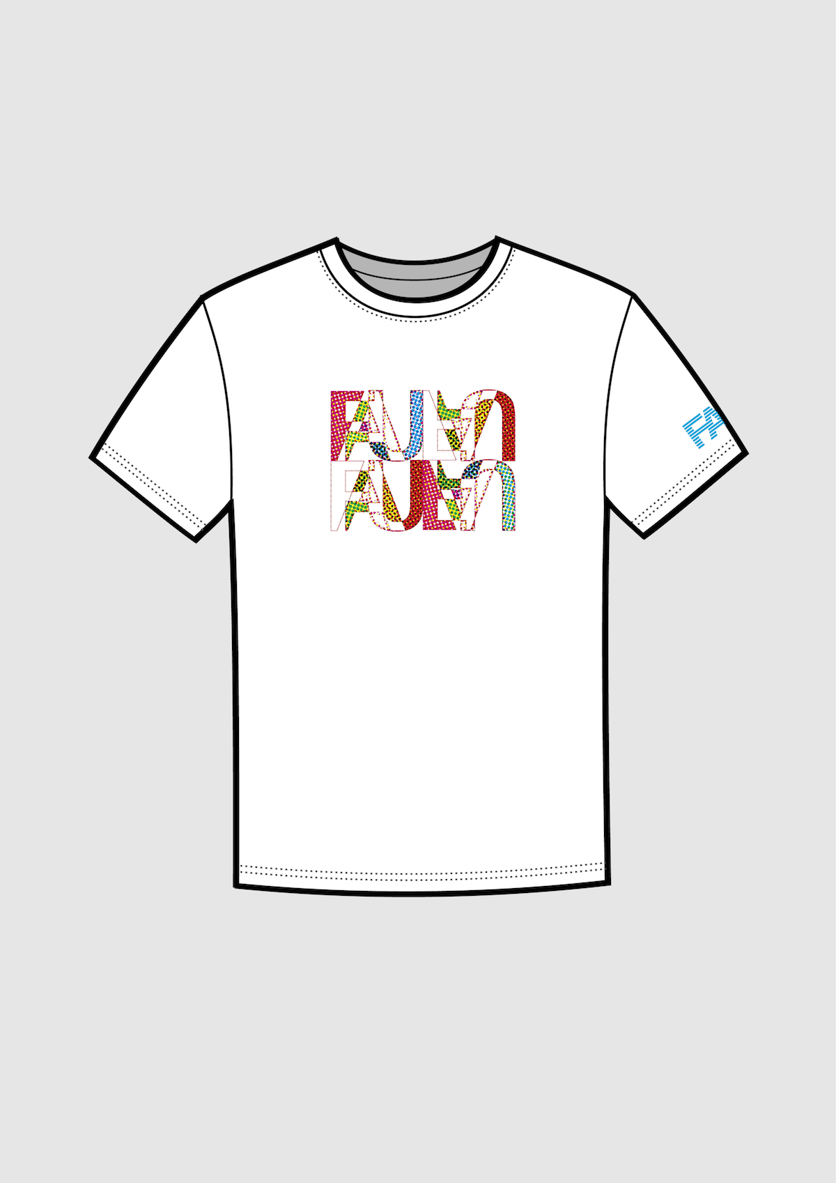 weißes Shirt mit buntem FAU-Aufdruck, der wie übereinander aufgestempelt wirkt