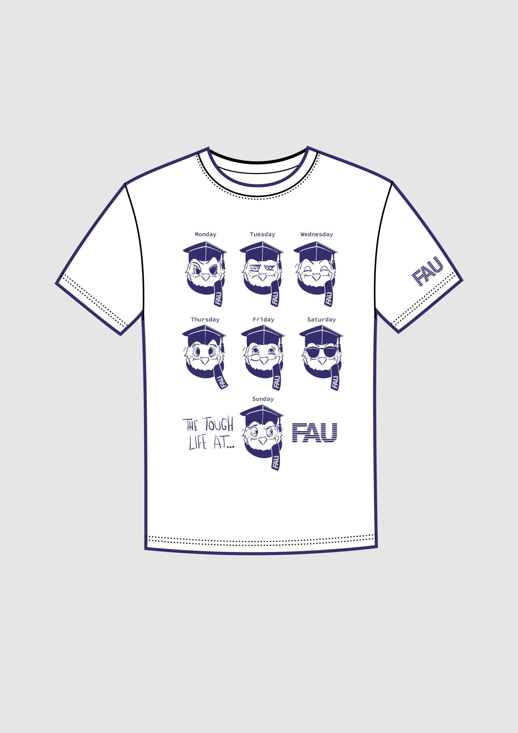 weißes Shirt mit sieben blauen Eulen-Köpfen. Darunter sind jeweils die Wochentage abgebildet und je nach Wochentag variiert der Gesichtsausdruck der Eule.