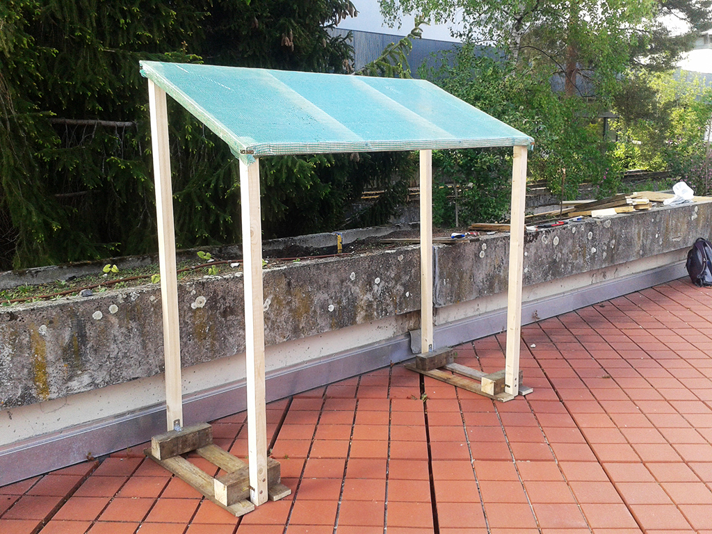 Ein fertiggebautes Tomatenhaus, dass noch nicht bewachsen ist und neben einer Grünanlage steht.