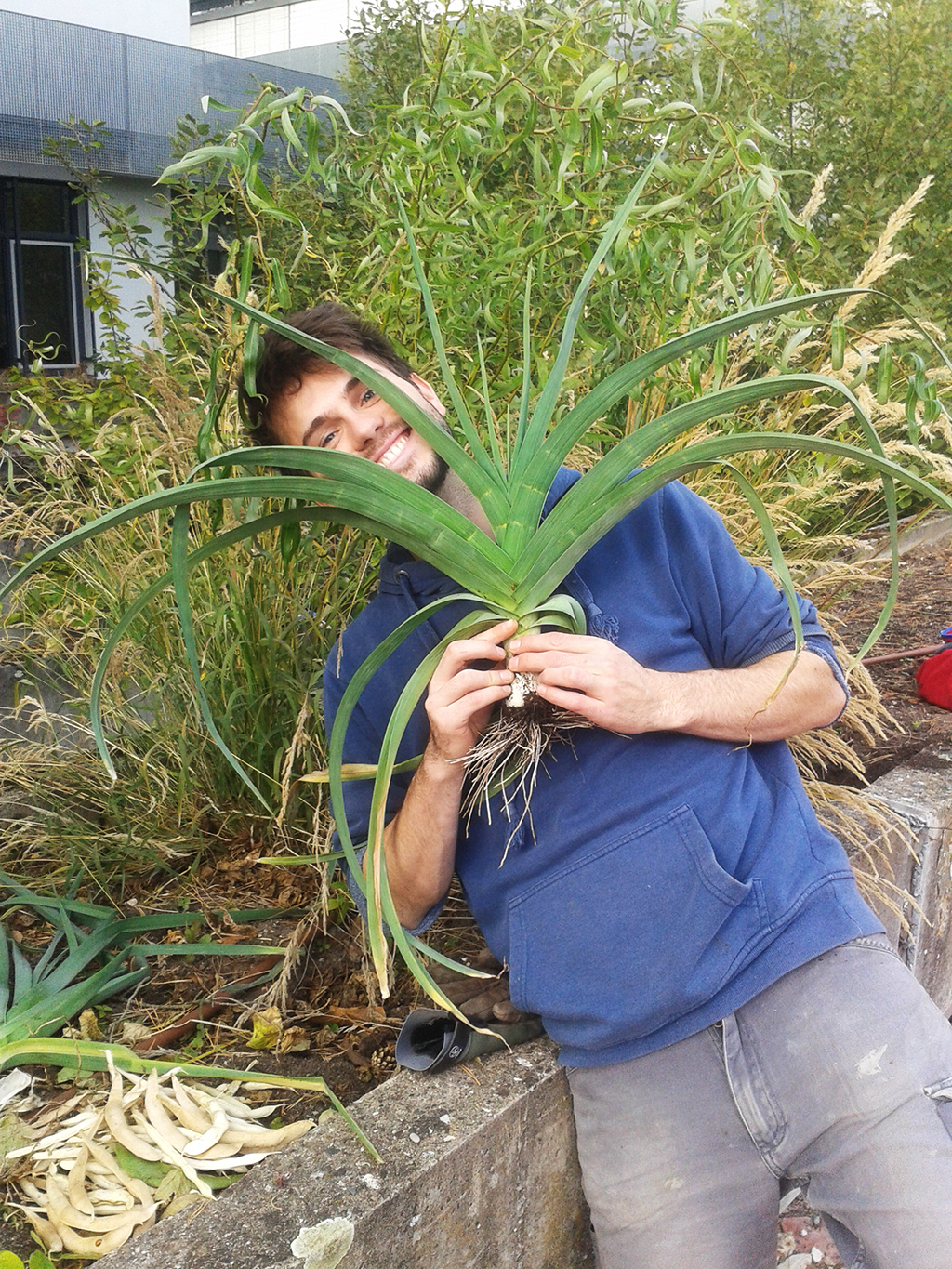 Ein Mann hält sich Lauch vors Gesicht und grinst dabei in die Kamera.