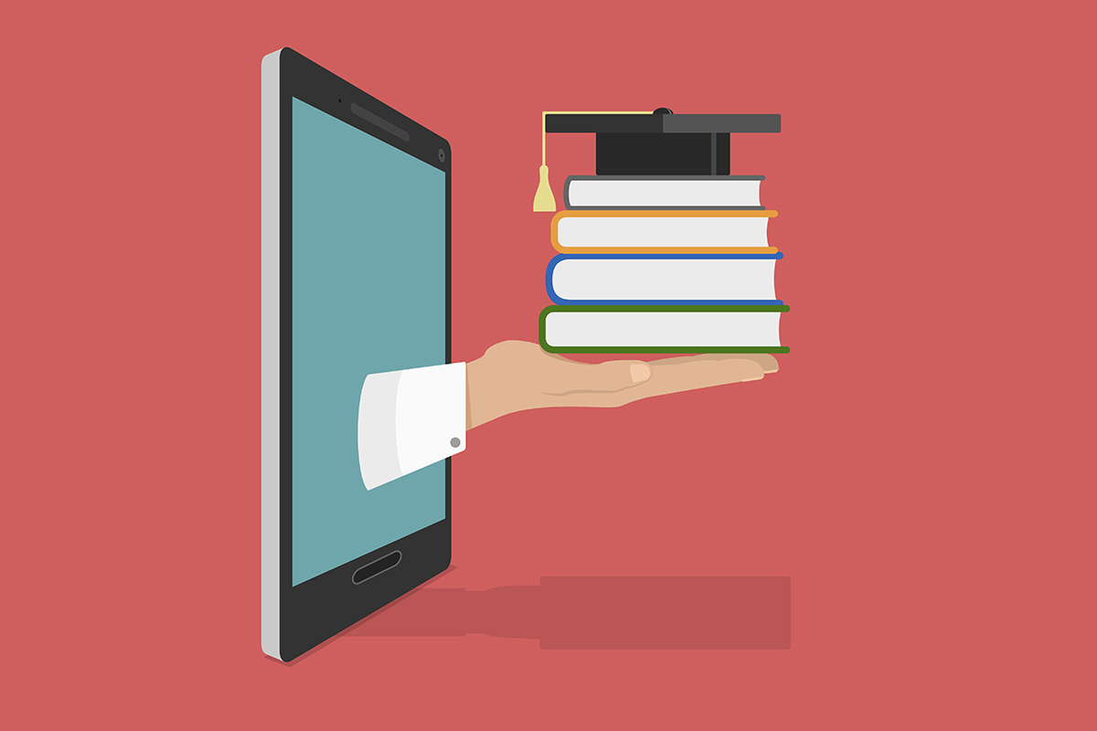 Illustration Bücher und Doktorhut die von Hand gehalten werden, die aus Tablet kommt