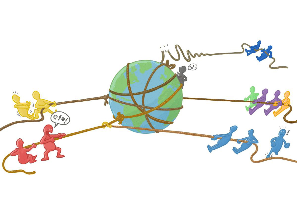 Illustration von Menschen, die mit Seilen am Erdball ziehen in unterschiedlichen Richtungen