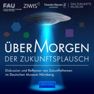 Übermorgen der Zukunftsplausch, Text auf Ufo-Strahl der auf Sofa zeigt und Logos der Beteiligten
