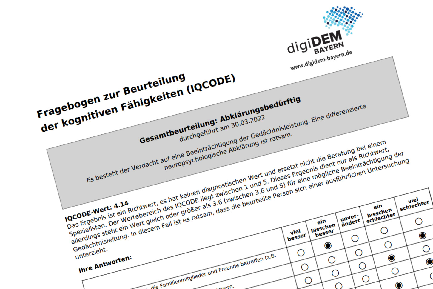 Ausschnitt des Fragebogens zur Erkennung einer Demenzerkrankung
