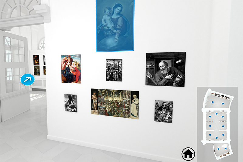 3D-Animation des Wassersaals der Orangerie mit Innenwänden an denen Gemälde hängen