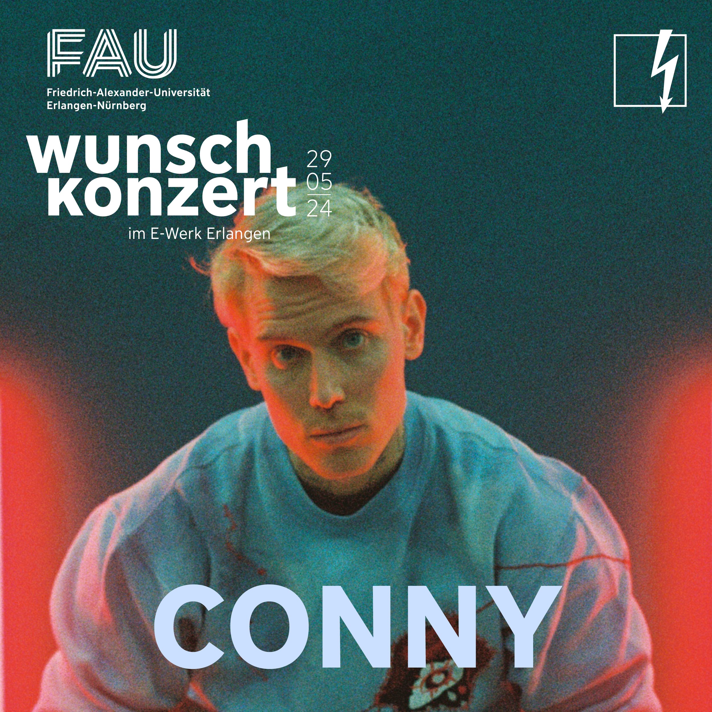 portrait eines jungen Mannes mit der Beschriftung FAU Wunschkonzert 2023 CONNY.