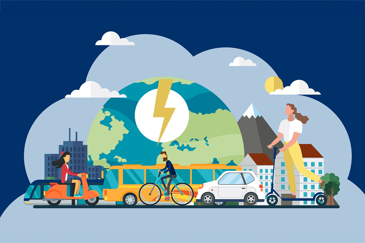 Illustration verschiedener Mobilitätsformen wie Auto, Bus, Fahrrad, Roller. Ideen zur Mobilität an der Friedrich-Alexander-Universität Erlangen-Nürnberg gesucht.