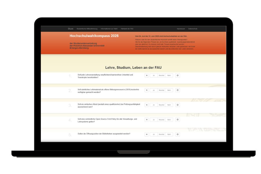 Eine Illustration eines Laptops auf dessen Bildschirm die ein Ausschnitt der Fragen des Hochschulwahlkompass zu sehen sind