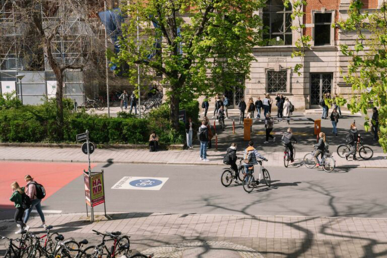 Fahrräder in Erlangen vor dem Kollegienhaus und der UB und einem Aufdruck auf der Straße wegen Fahrradstraße