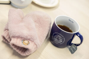 Neben einer FAU-Teetasse liegen zwei rosa Plüschhandschuhe.