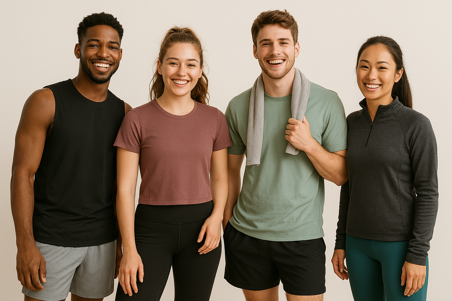 Vier junge Menschen lächelnd in Sportkleidung