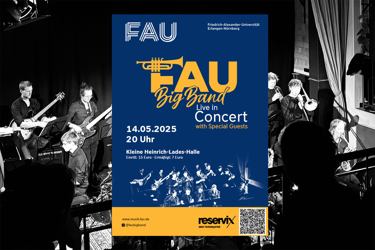 Plakat der FAU Bigband mit einem Schwarz-Weiß-Foto im Hintergrund