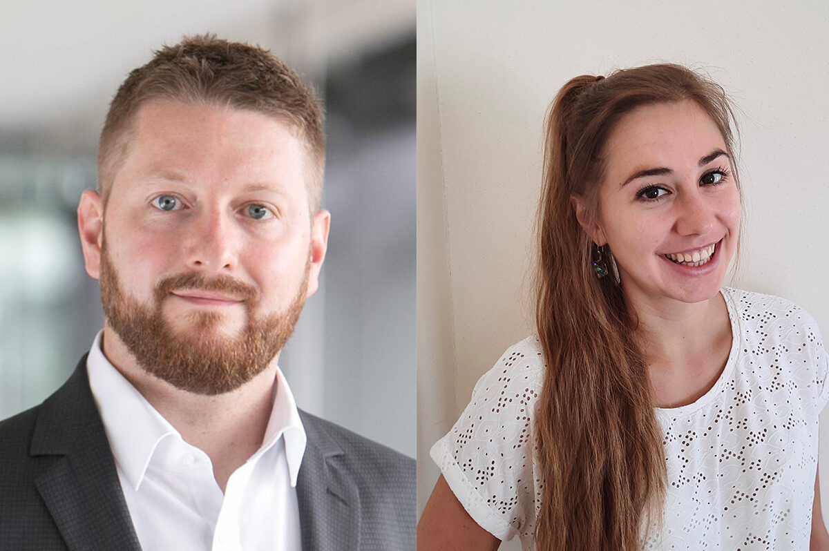 Porträt von Mario Liebensteiner zeigt einen jungen, freundlich wirkenden mann mit rotem Haar und Bart. Porträt von Katharina Oft zeigtg junge frau mit langem dunkelblondem Haar und dunklen augen, die freundlich-frech lächelt.