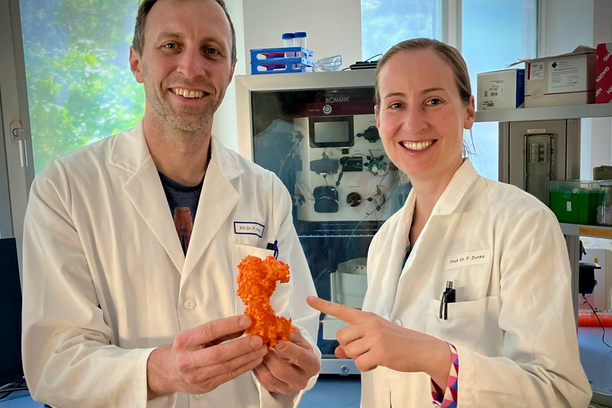 Zwei Forschende in weißen Kitteln präsentieren ein Modell in einem Labor.