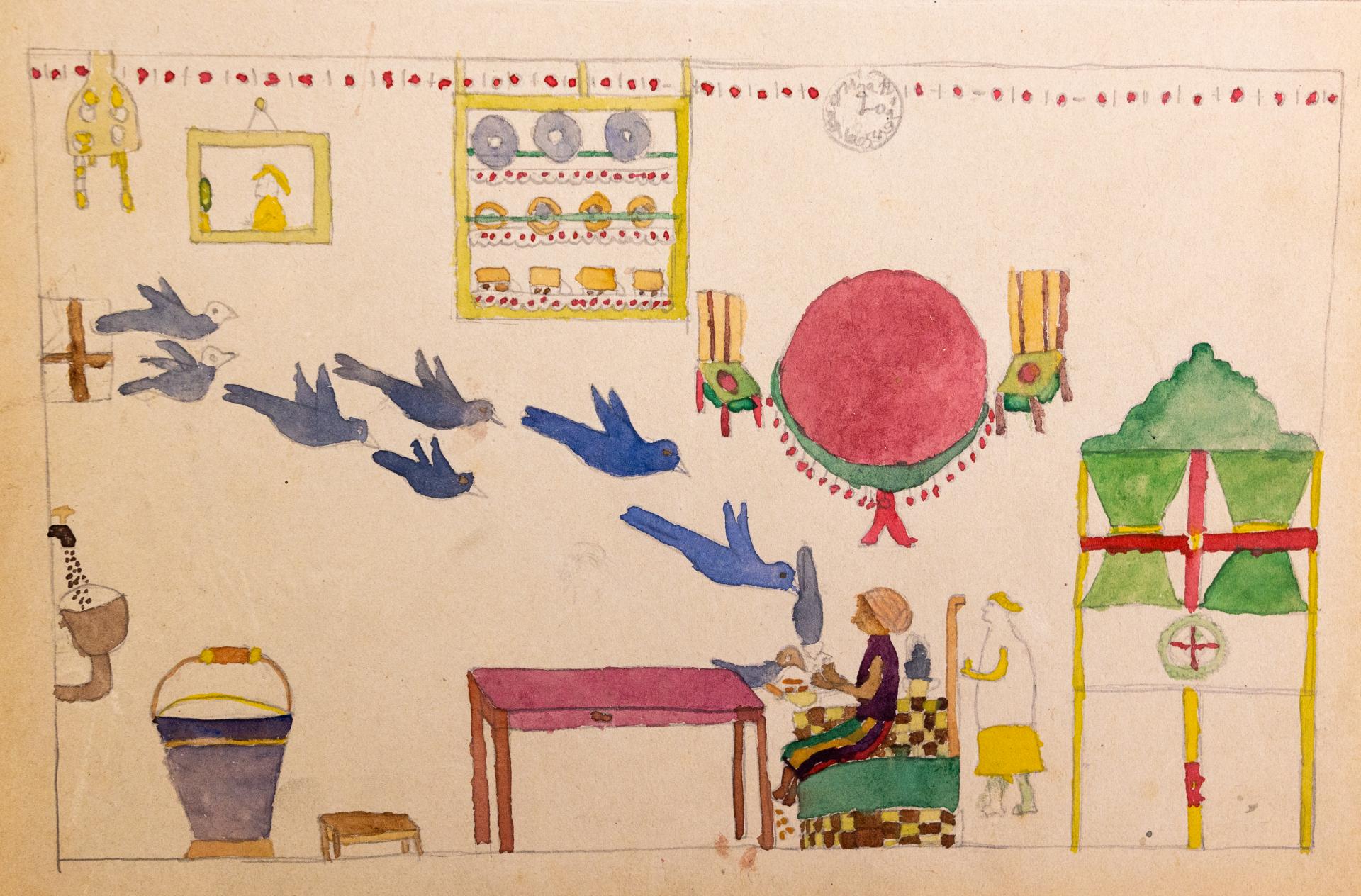 Kinderzeichnung: Aschenputtel mit Vögel