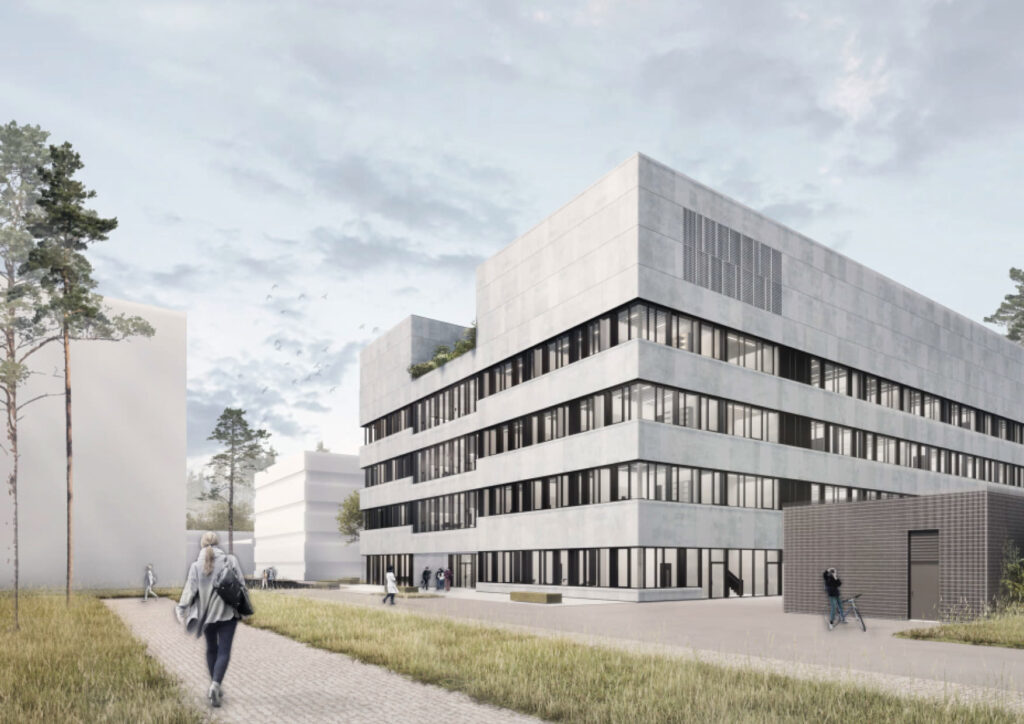 Rendering des NTC. Ein glattes, graues würfelförmiges Gebäude.