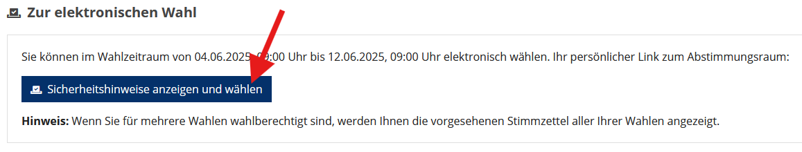 Screenshot zum Button "Sicherheitshinweise anzeigen und wählen" im Wahlportal. Hierauf klicken und direkt online wählen.