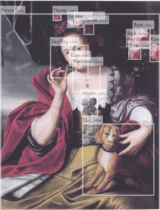 Gemälde einer jungen Frau, die an einer Blüte riecht. Über dem Bild liegen rechteckige Rahmen, die alle Objekte im Gemälde markieren, die im Zusammenhang mit Gerüchen und Riechen stehen