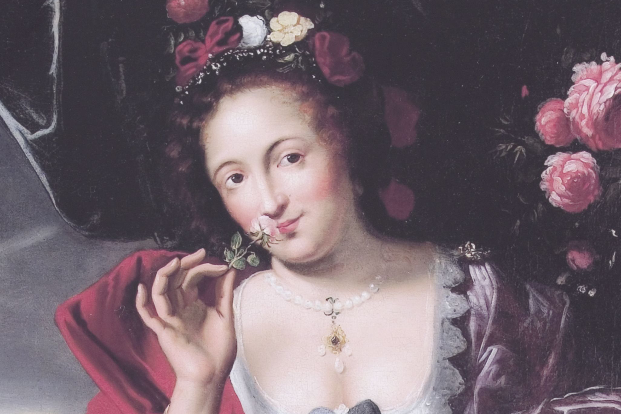 Gemälde einer Frau, die an einer Blüte riecht