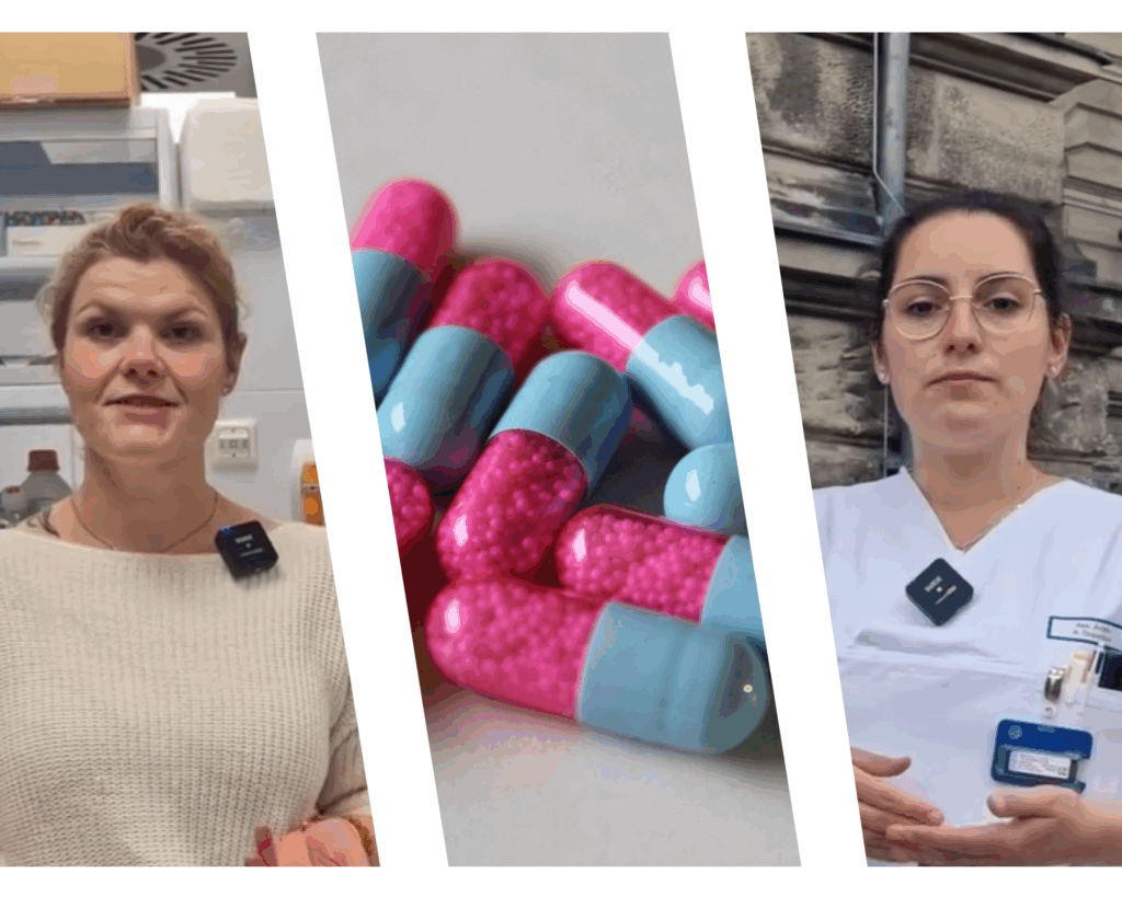 Eine Montage zum Thema Gender Forschung an der FAU. Links ist Frau Dr. Lisa Deloch zu sehen, rechts die Assistänzärtzin Alina Depardon. Mittig sind rot-blaue Pillen abgebildet.