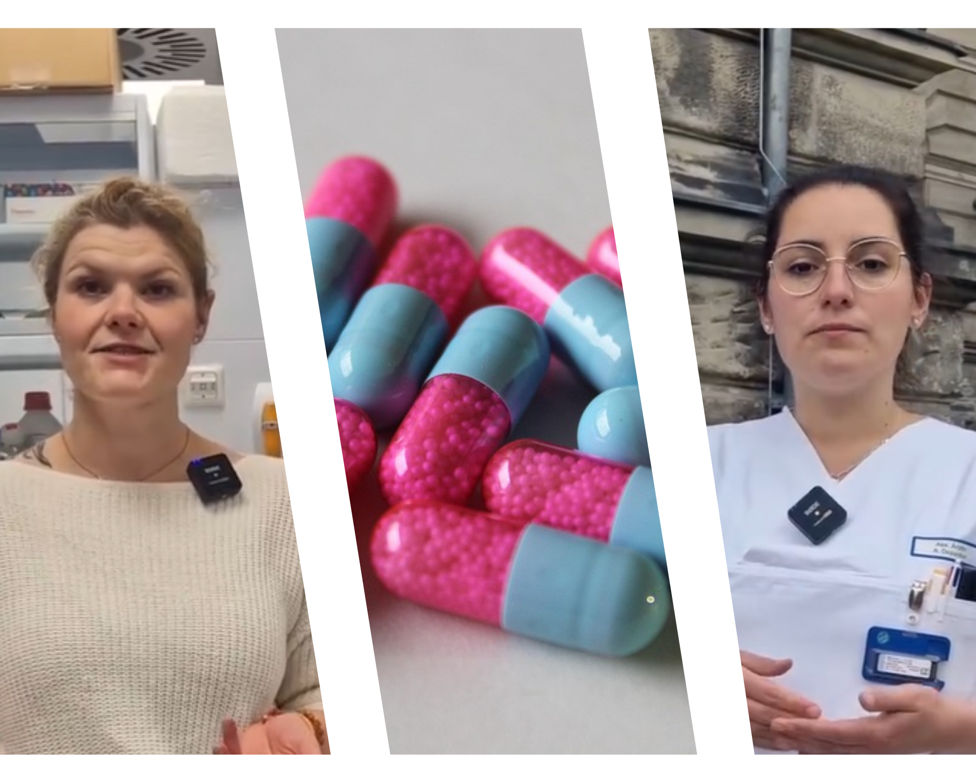 Eine Montage zum Thema Gender Forschung an der FAU. Links ist Frau Dr. Lisa Deloch zu sehen, rechts die Assistänzärtzin Alina Depardon. Mittig sind rot-blaue Pillen abgebildet.