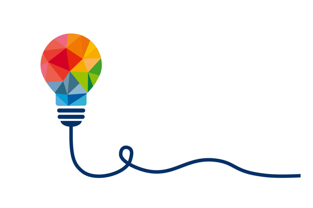 Man sieht eine Glühbirne in den Farben rot, gelb, grün und blaub.