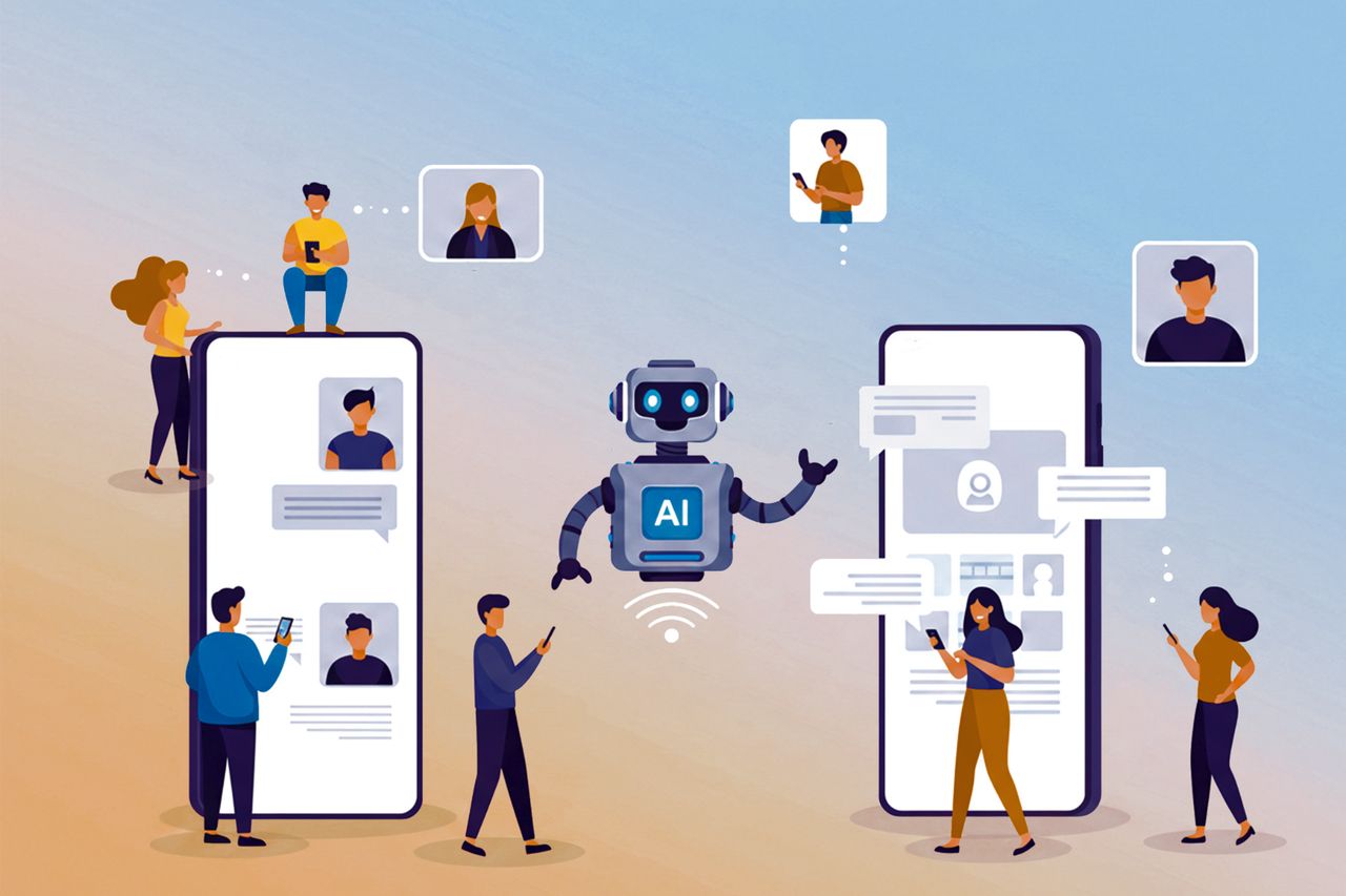 Illustration von Menschen an übergroßen Smartphones und einem Roboter in der Mitte