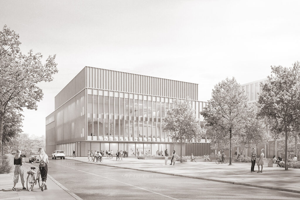 scxhwarz-weiß-bild eines modernen Gebäudes.